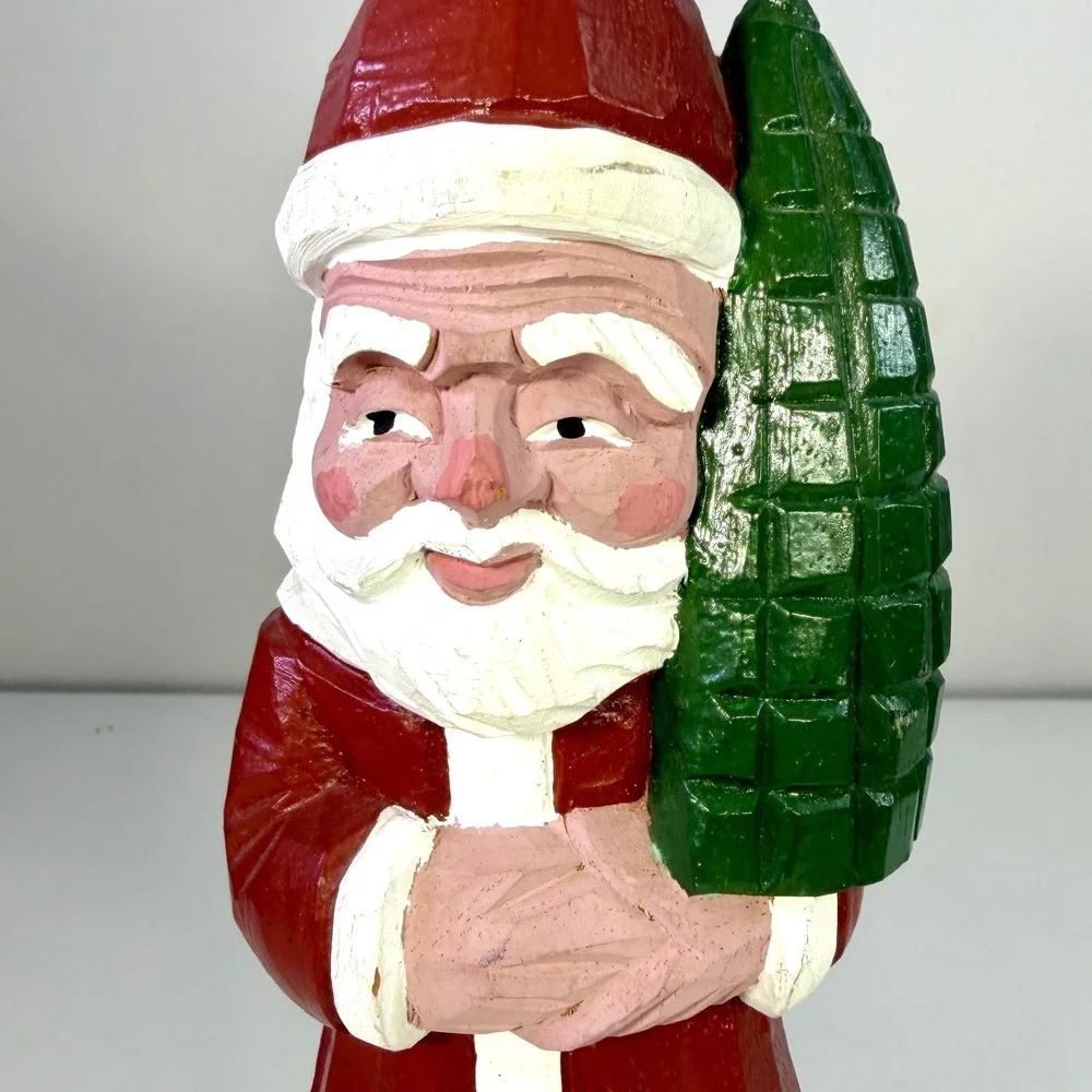 Vintage Hand Carved Wood Santa Claus Figurine Christmas Folk Art Decor 10.25